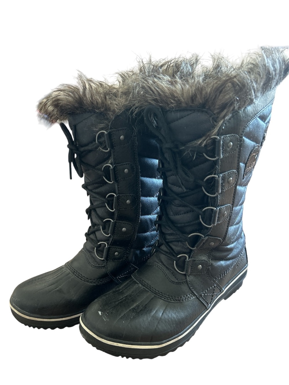 Women's Tofino Sorel Black Fur-Trim Winter Waterproof Lace-Up Boots Size 9
